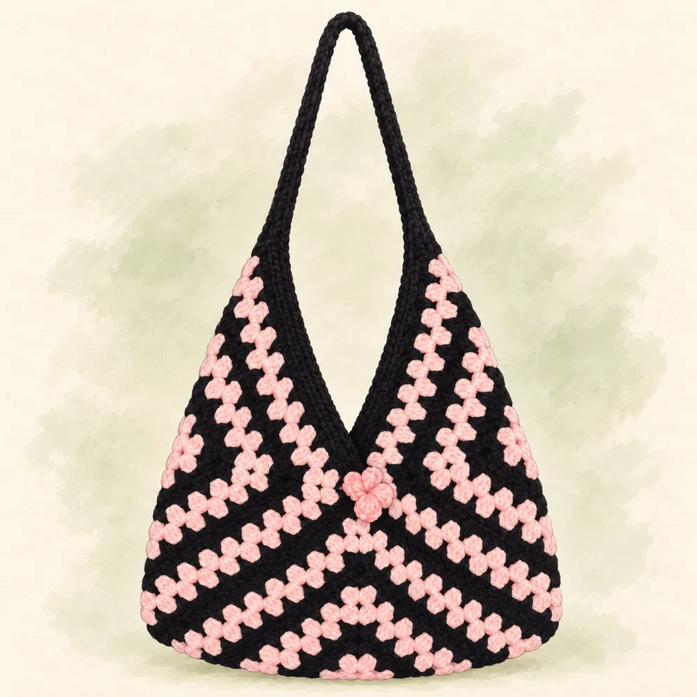 Illustration of black and blush granny-square bag