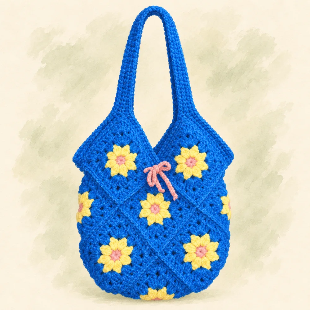 Illustration of blue daisy bag