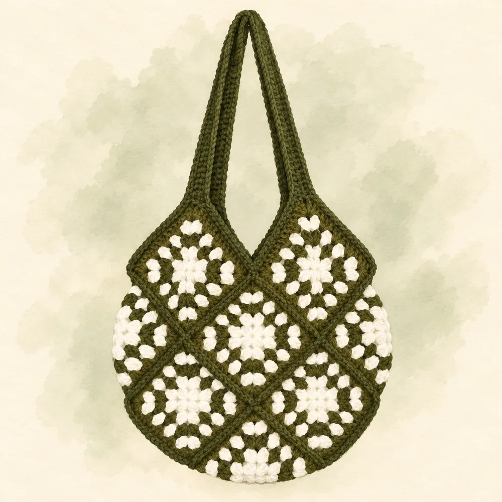 Illustration of green and white granny-square bag