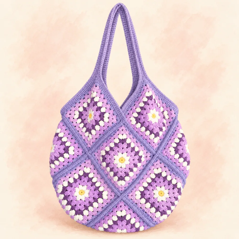 Illustration of lilac daisy granny-square bag